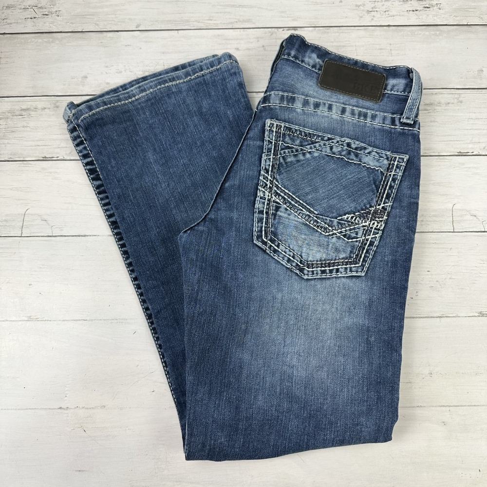 BKE Buckle Aiden Men's Blue Jeans 26S Bootcut Whisker Faded Cowboy 27x25"